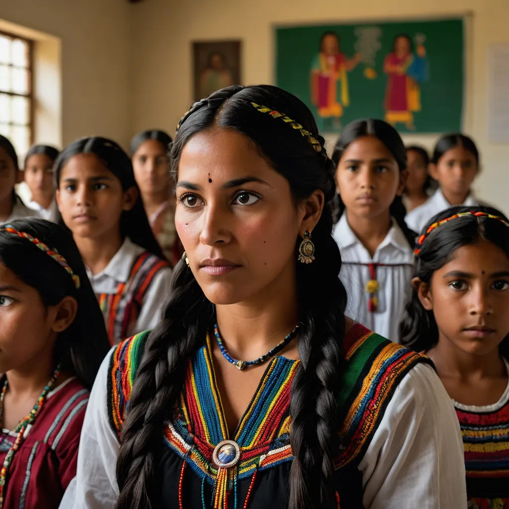 a group of girls in a classroom with long braids and colorful clothing on their heads and shoulders, with a third girl in the front of the group, samikshavad, a portrait, Ella Guru, movie still frame