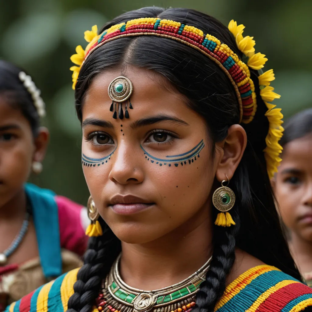 a group of young girls with painted faces and headdress on their faces, all looking at the camera, bengal school of art, computer graphics, Ella Guru, maya