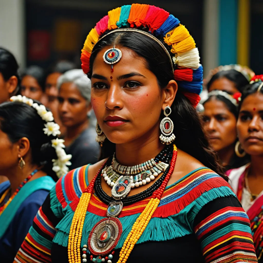 a woman in a colorful dress and headdress stands in a crowd of people wearing necklaces and headdress, bengal school of art, a jigsaw puzzle, Ella Guru, maya