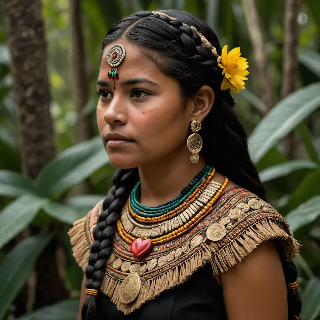 a woman with a flower in her hair wearing a head piece and a necklace with a flower in her hair, ecological art, a character portrait, Araceli Gilbert, maya