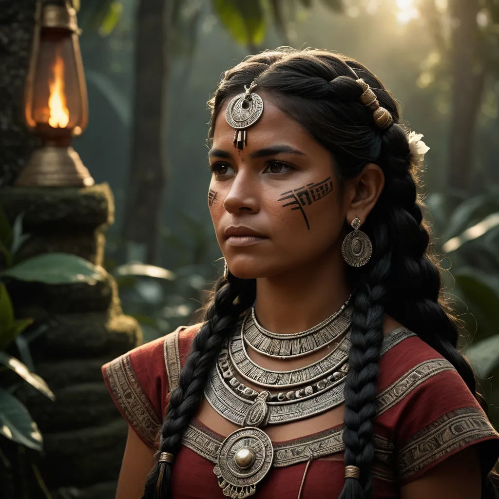 a woman with a face painted like a warrior in a forest with a lantern in the background and a light on her head, samikshavad, a character portrait, Araceli Gilbert, promotional image