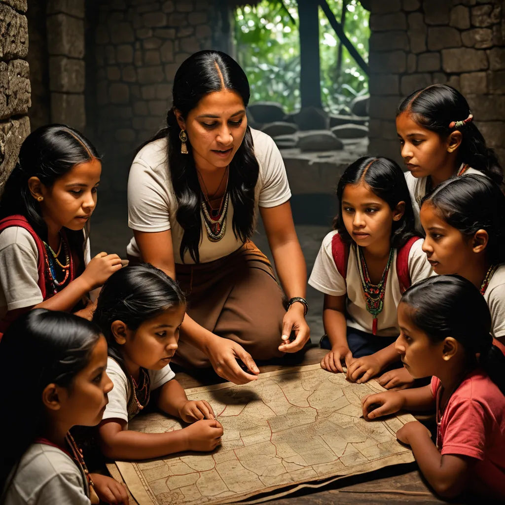 a woman is showing children how to use a map in a room with stone walls and a stone floor, quito school, a storybook illustration, Art & Language, promotional image