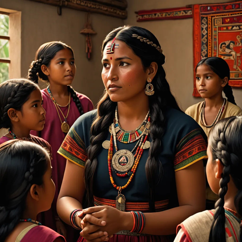 a woman in a native american dress surrounded by other women in indian clothing and jewelry, standing in a room, bengal school of art, a detailed painting, Ella Guru, highly detailed digital painting