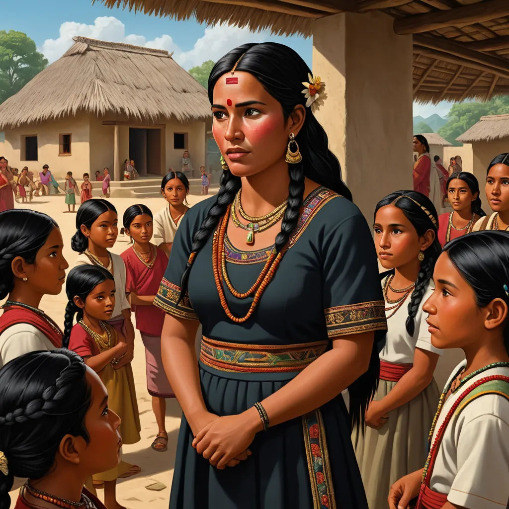 a painting of a native american woman surrounded by other native people in a village with a hut in the background, primitivism, a detailed painting, Araceli Gilbert, maya