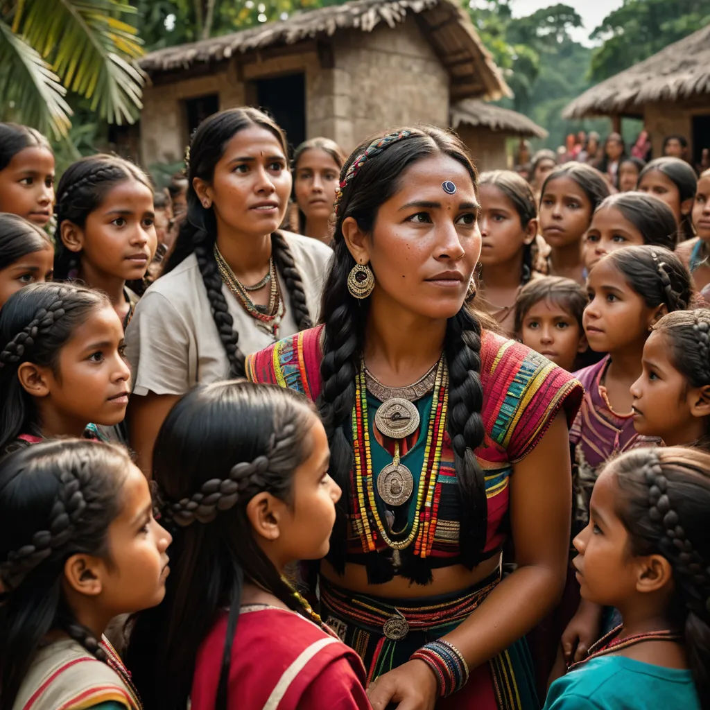 a group of people standing around each other in a village with a woman in a colorful dress and a man in a white shirt, primitivism, a character portrait, Ella Guru, maya