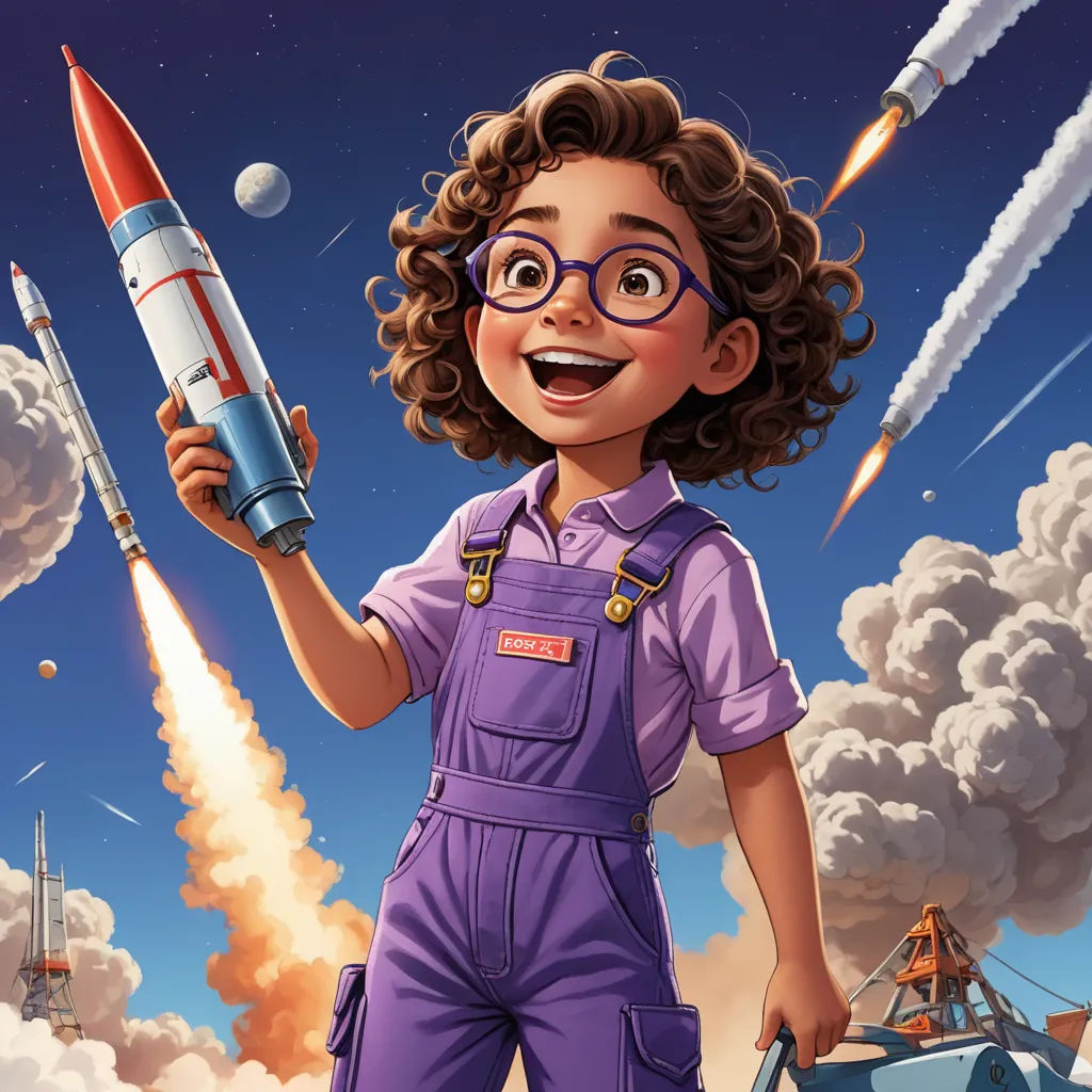 a cartoon girl holding a rocket in her hand and smiling at the camera with a sky background and clouds, space art, a storybook illustration, Aaron Jasinski, comic cover art