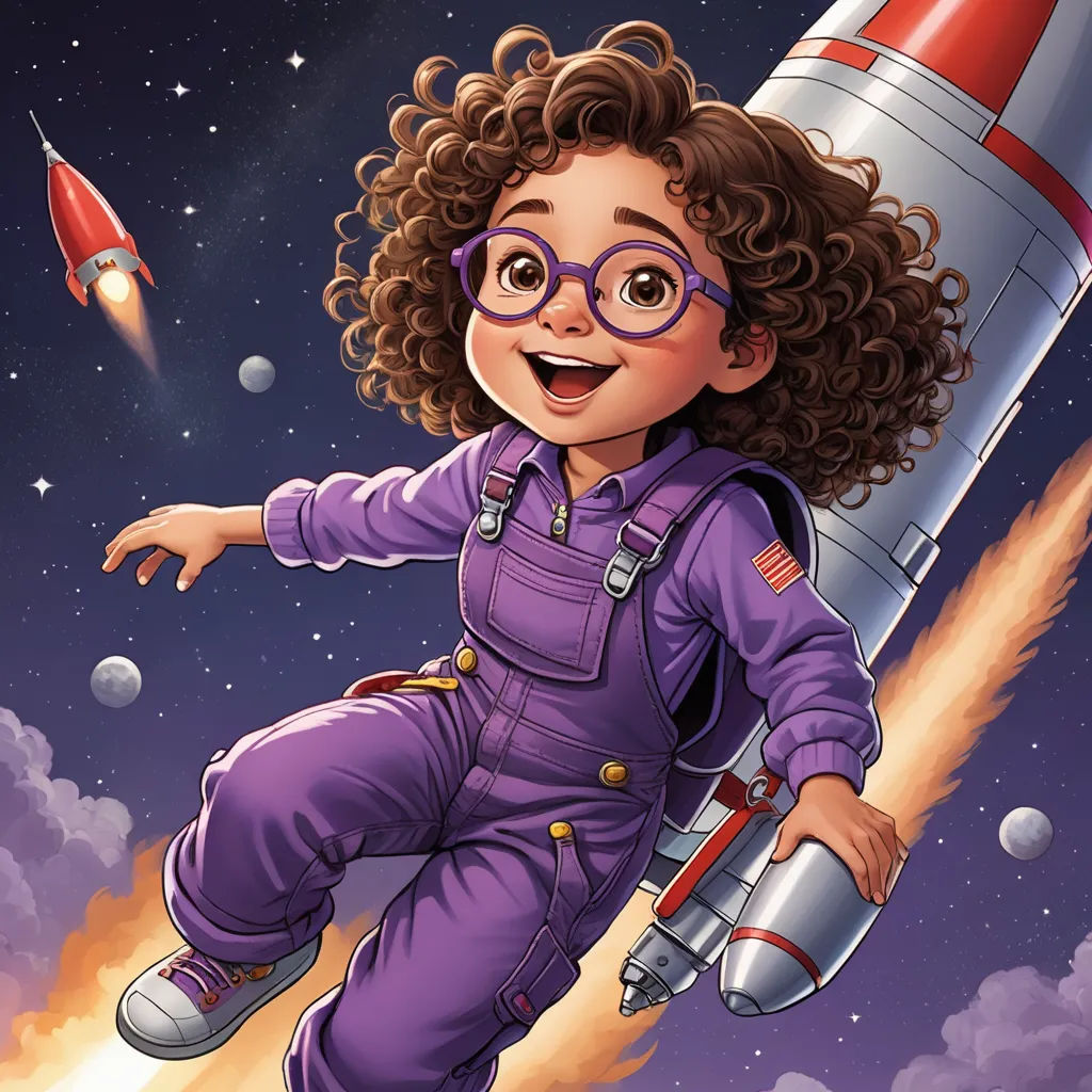 a cartoon girl in a space suit is flying in front of a rocket ship with a rocket on it, space art, a storybook illustration, Chris Rallis, comic cover art