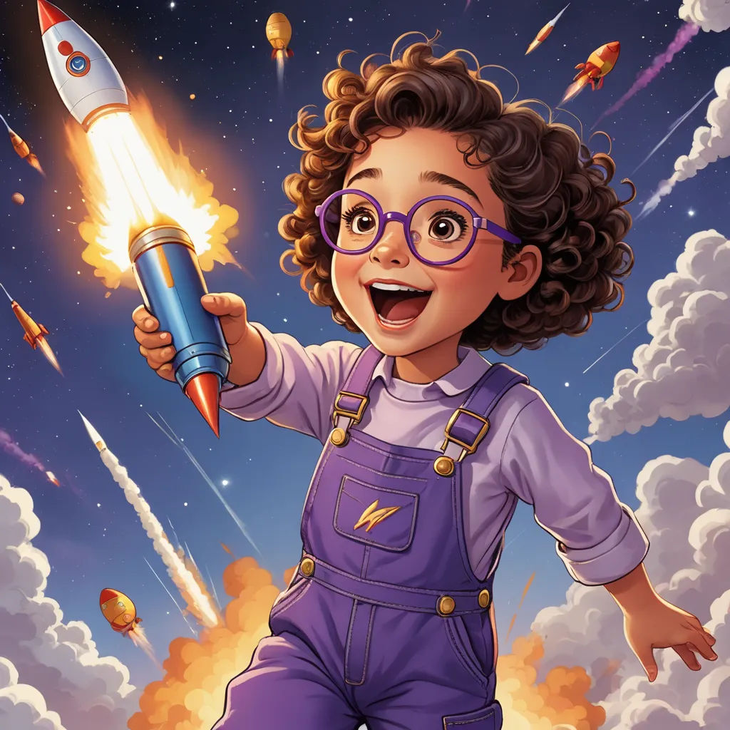 a cartoon girl holding a rocket with a rocket ship in the background and clouds in the sky behind her, space art, a storybook illustration, Diego Gisbert Llorens, comic cover art