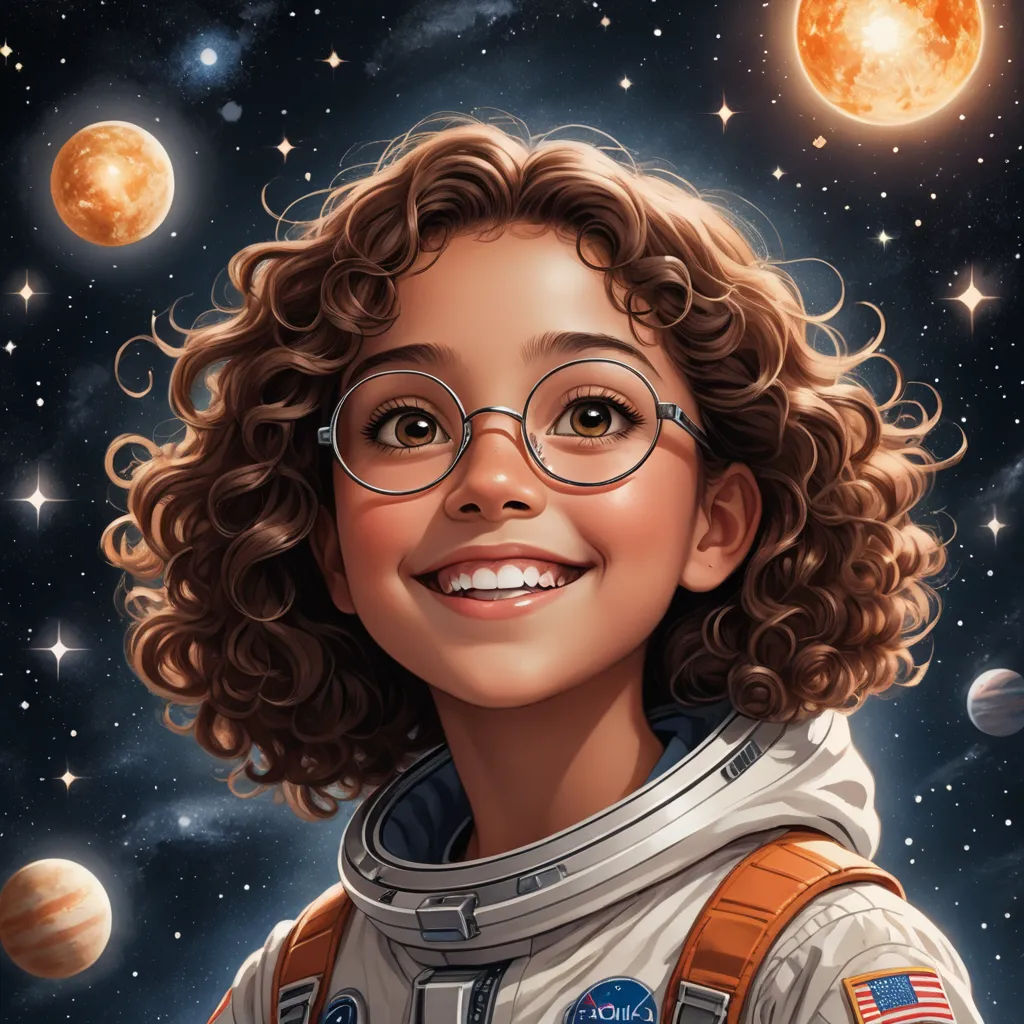 a painting of a young girl wearing glasses and a space suit with planets in the background and a smiling girl in a space suit, space art, a storybook illustration, Aaron Jasinski, josan gonzales and dan mumford