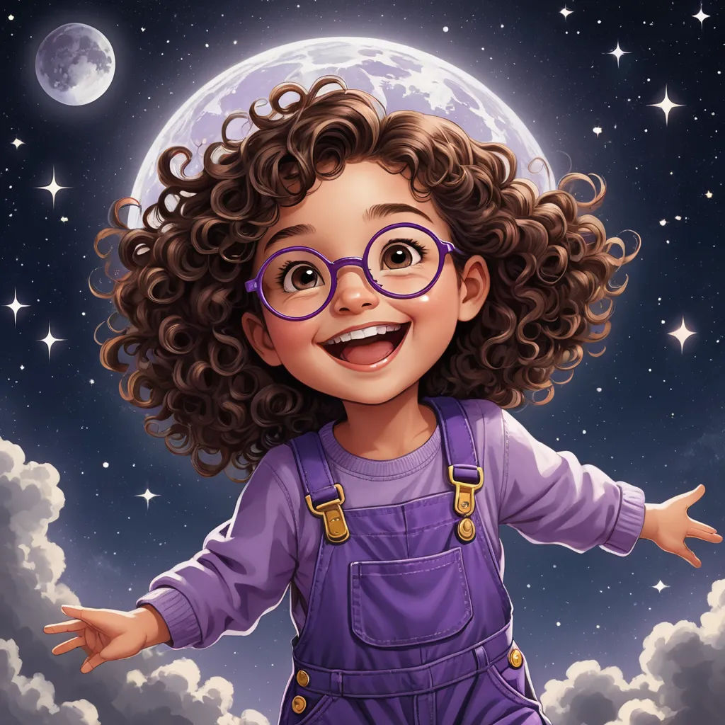 a cartoon girl with curly hair and glasses on a night sky background with stars and a full moon behind her, space art, a storybook illustration, Chris Rallis, trending on art station