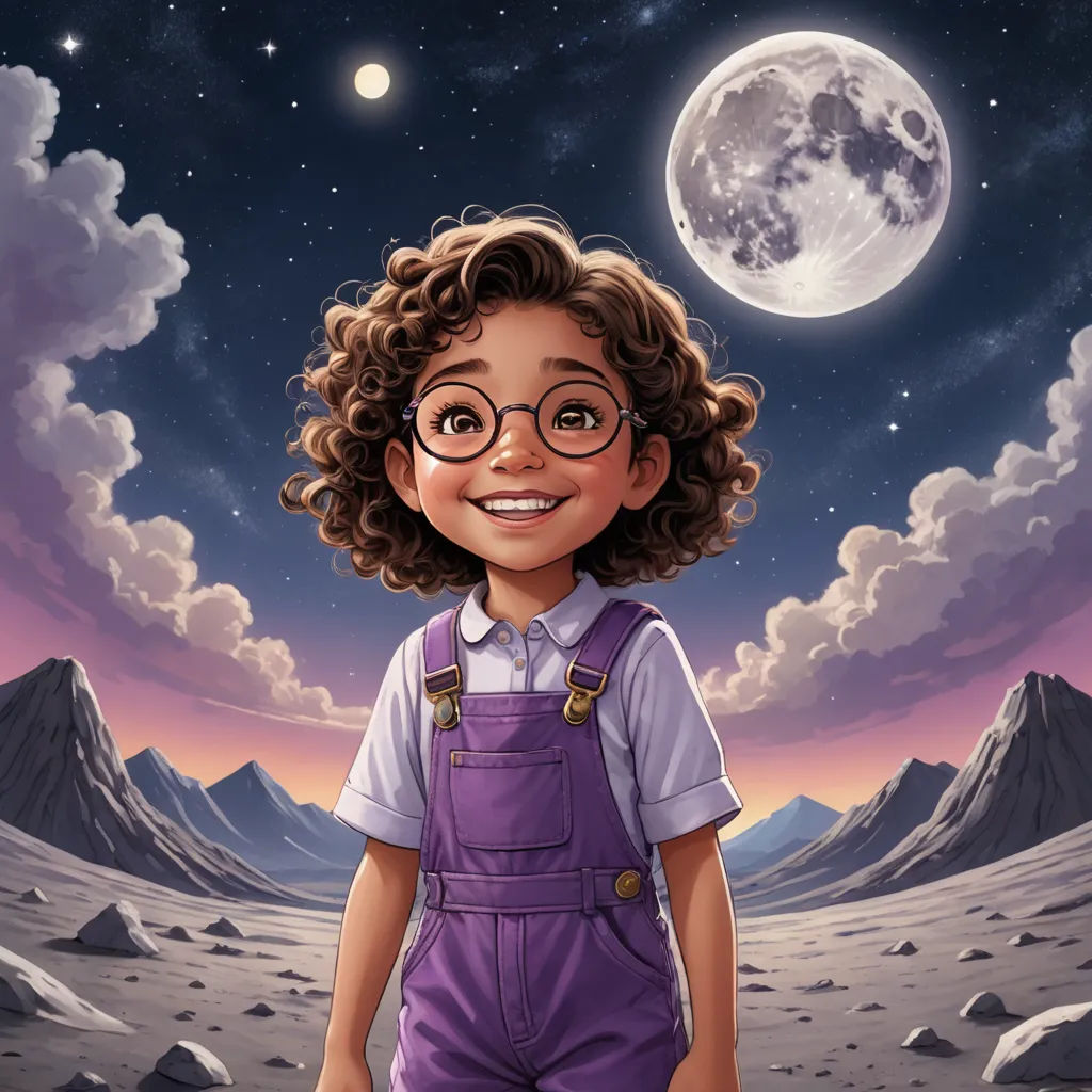 a cartoon girl with glasses standing in front of a full moon and mountains with a purple sky and stars, space art, a storybook illustration, Diego Gisbert Llorens, comic cover art