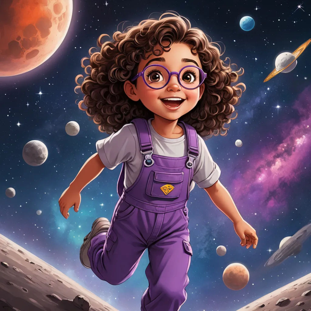 a cartoon girl with glasses is running on the moon with planets in the background and a red star in the sky, space art, a storybook illustration, Diego Gisbert Llorens, comic cover art