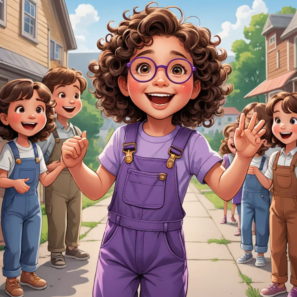 a cartoon of a girl with glasses and a group of children in the background standing on a sidewalk with their hands up, american scene painting, a storybook illustration, Ada Gladys Killins, storybook illustration