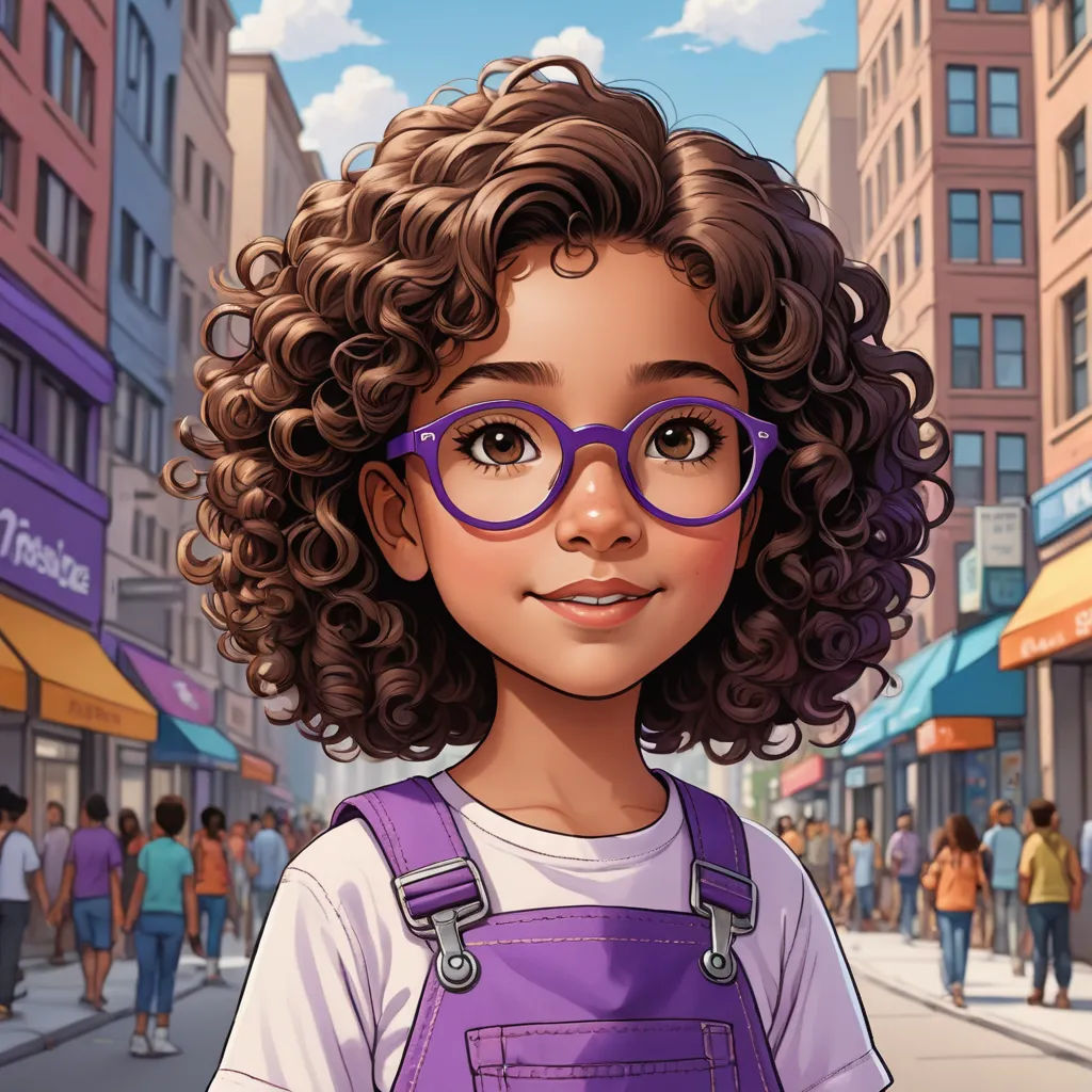 a cartoon girl with glasses on a city street with people walking around her and a building in the background, photorealism, a character portrait, Eddie Mendoza, character portrait