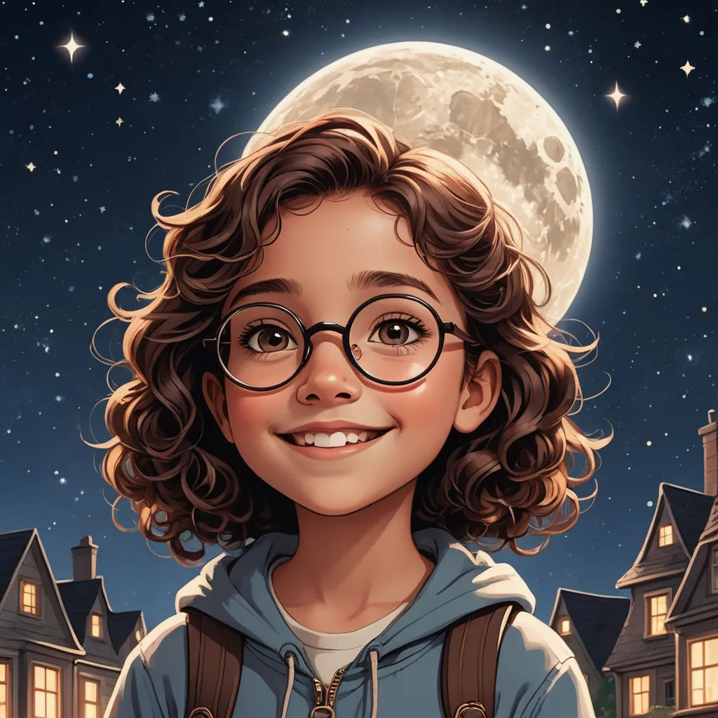 a young girl with glasses and a full moon in the background is a house and a street with lights, magical realism, a storybook illustration, Aaron Jasinski, comic cover art