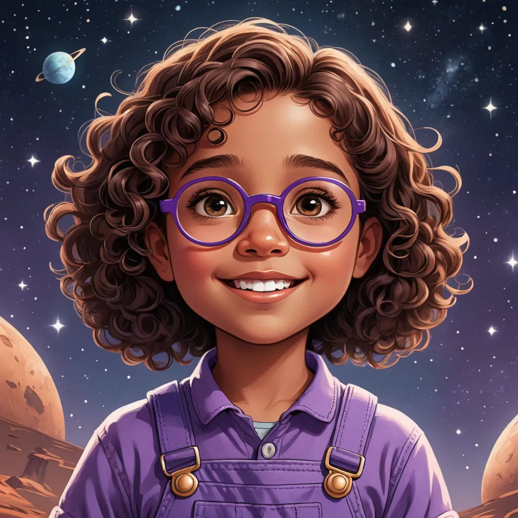a cartoon girl with glasses and a purple shirt and a space background with stars and planets in the sky, space art, a character portrait, Aaron Jasinski, affinity photo