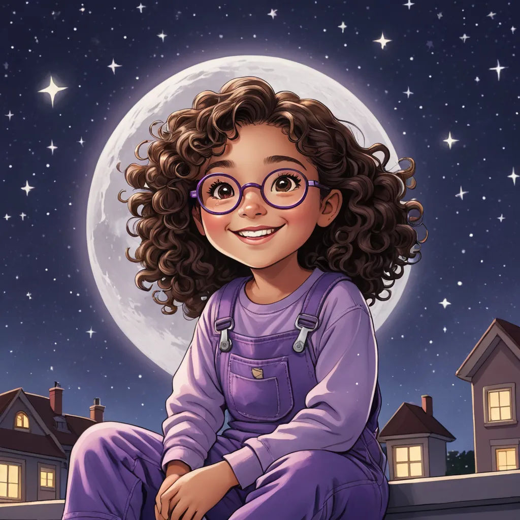a cartoon girl with glasses sitting on a ledge in front of a full moon and stars background with a house, space art, a storybook illustration, Cliff Childs, comic cover art