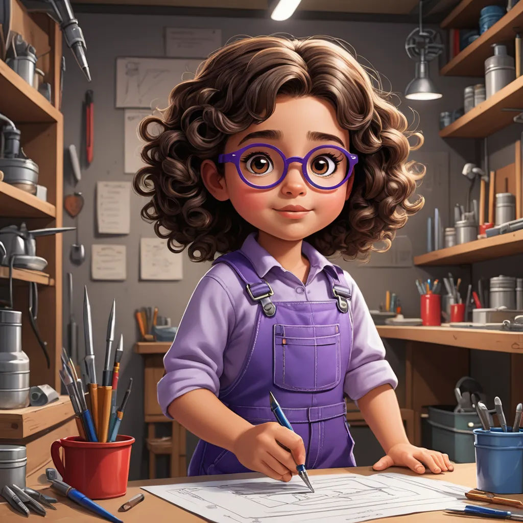 a cartoon girl with glasses and a purple shirt is doing something on a desk with a pencil and a cup, photorealism, an ultrafine detailed painting, Alson S. Clark, cgstudio