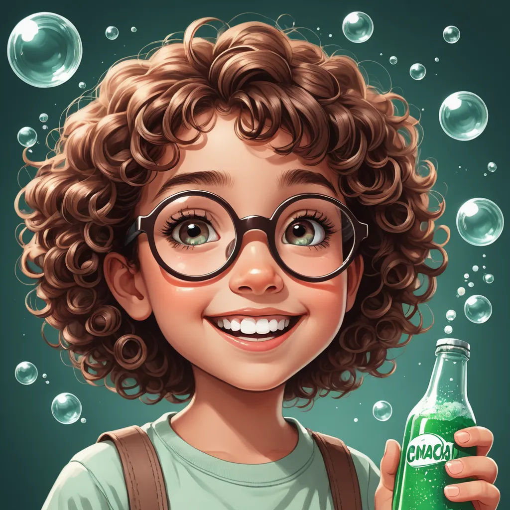 a cartoon boy with glasses holding a green soda bottle with bubbles around him and smiling at the camera with a green background, fantasy art, a character portrait, Alejandro Burdisio, trending on art station