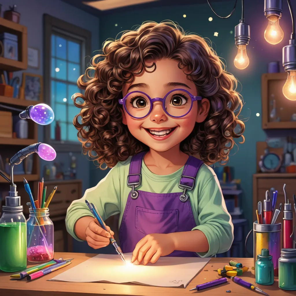 a cartoon girl with glasses writing on a piece of paper with a lot of colored pencils and pens, fantasy art, a storybook illustration, artist, trending on art station