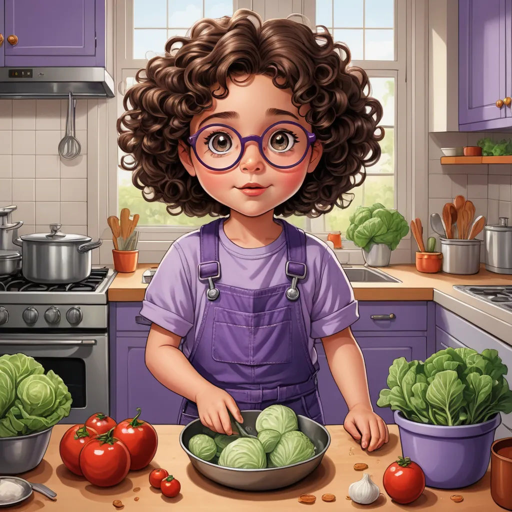 a cartoon girl in a kitchen with vegetables and a pot of lettuce on the counter top,, magic realism, a storybook illustration, Caroline Lucy Scott, trending on art station