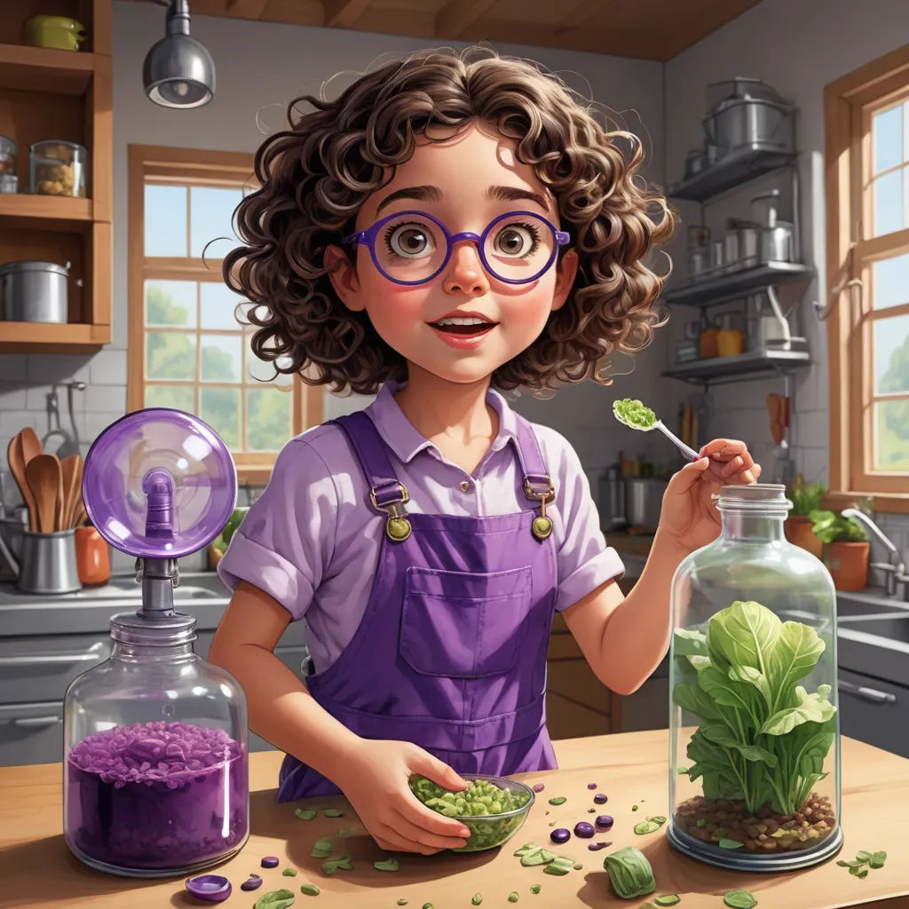 a cartoon girl holding a spoon in a kitchen with a jar of plants and a jar of seeds in front of her, photorealism, a storybook illustration, Chris LaBrooy, trending on art station