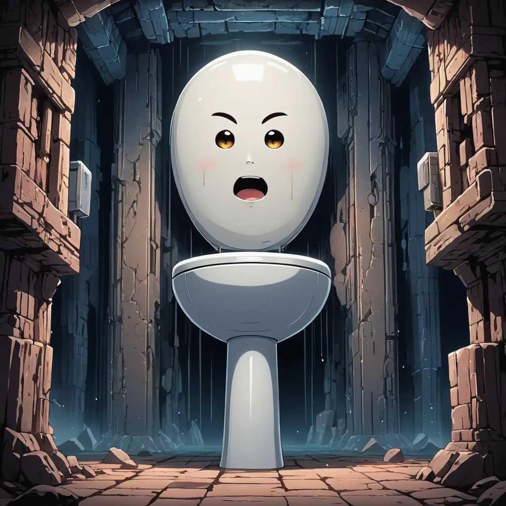 a cartoon of a toilet with a creepy face in a doorway with a brick wall and a doorway leading to a doorway, sots art, a character portrait, Aya Goda, official art