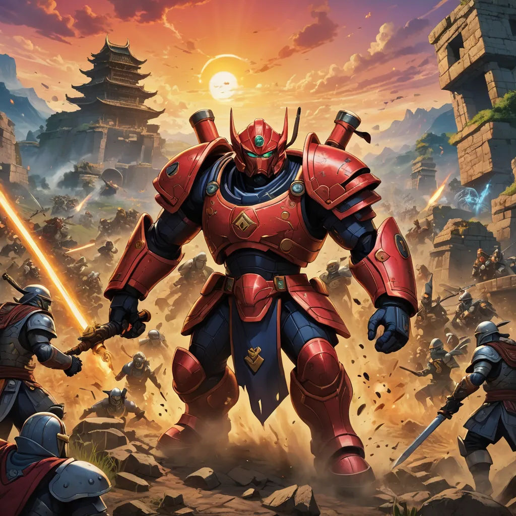 a painting of a warhammer with two swords in his hand and two other men in armor in the background, sots art, concept art, Dai Jin, key art