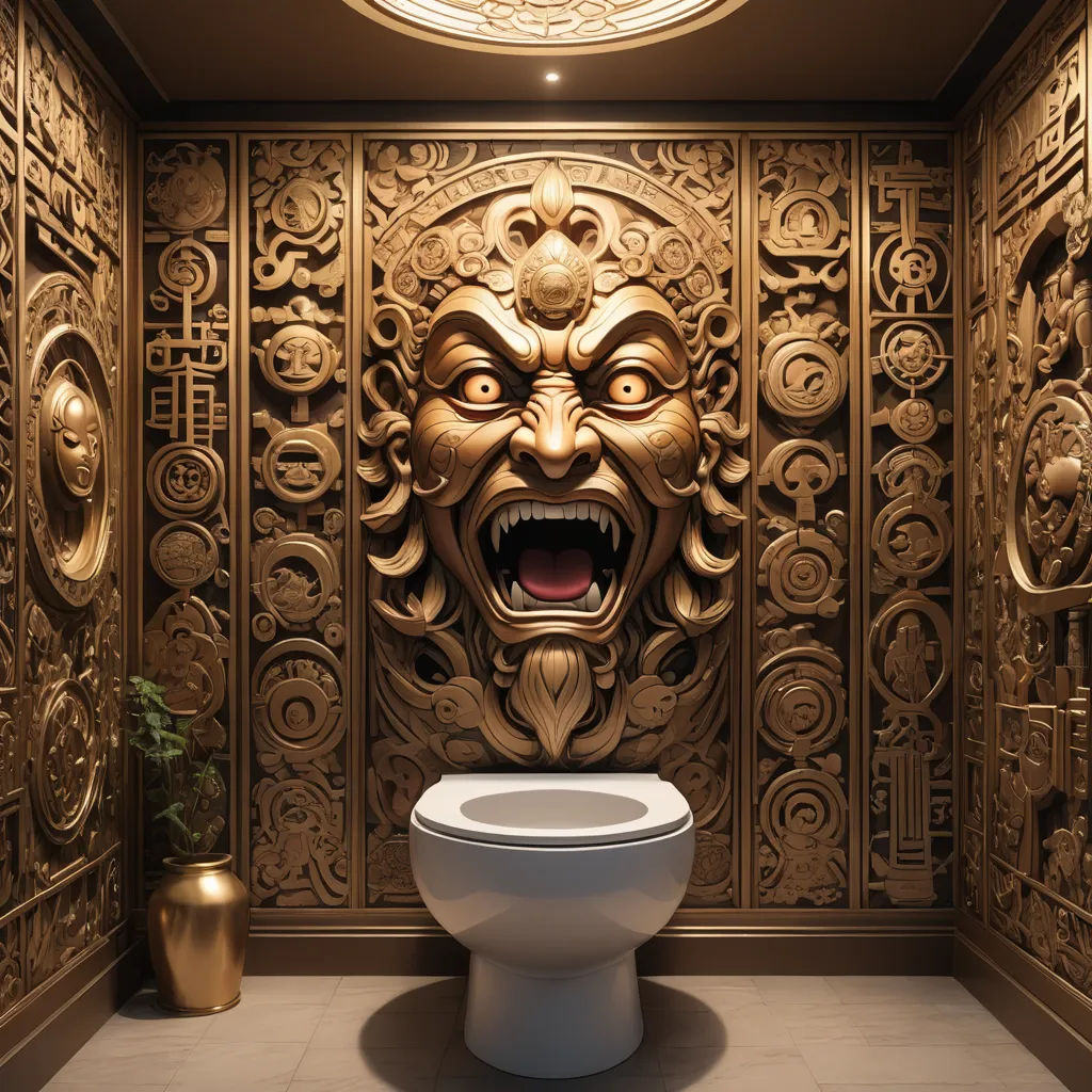 a toilet with a weird face on the wall in a bathroom with a gold decoration on the wall and a gold vase, maximalism, a 3D render, Ai Weiwei, ornate