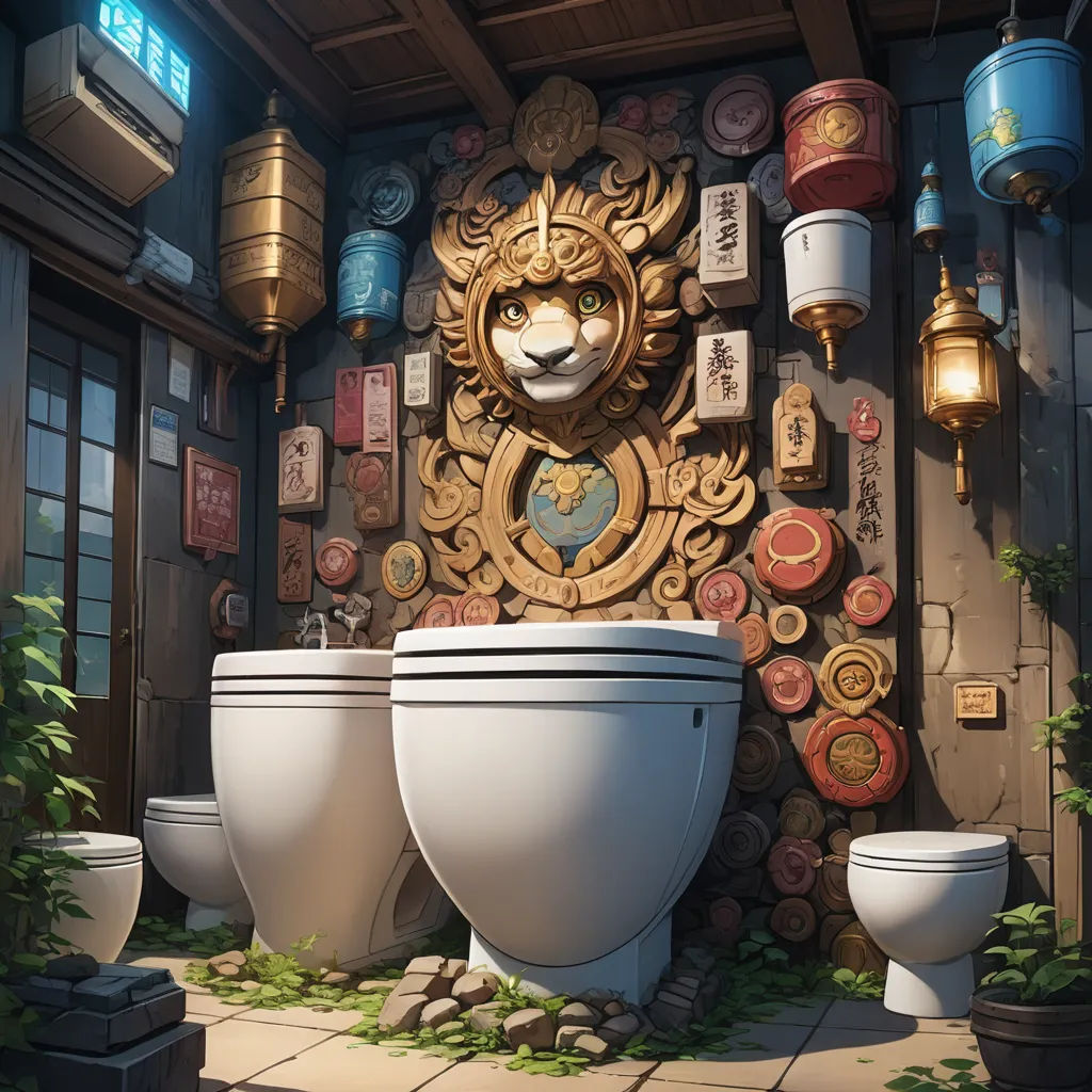 a bathroom with two toilets and a wall with pictures on it and a lion head above the toilet bowl, environmental art, a detailed painting, Chris LaBrooy, rossdraws global illumination