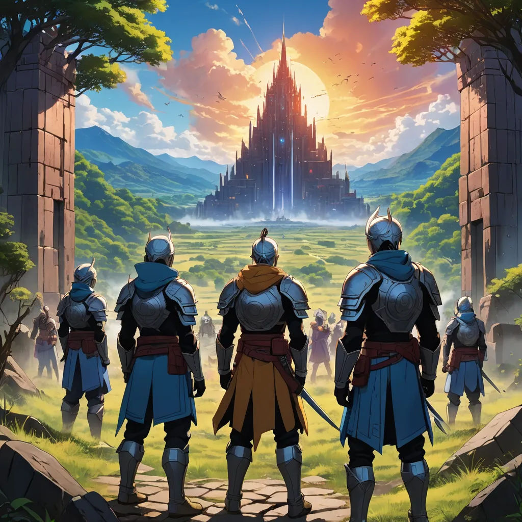 a group of knights standing in front of a castle with a castle in the background and a sunset in the sky, fantasy art, concept art, Andreas Rocha, official art