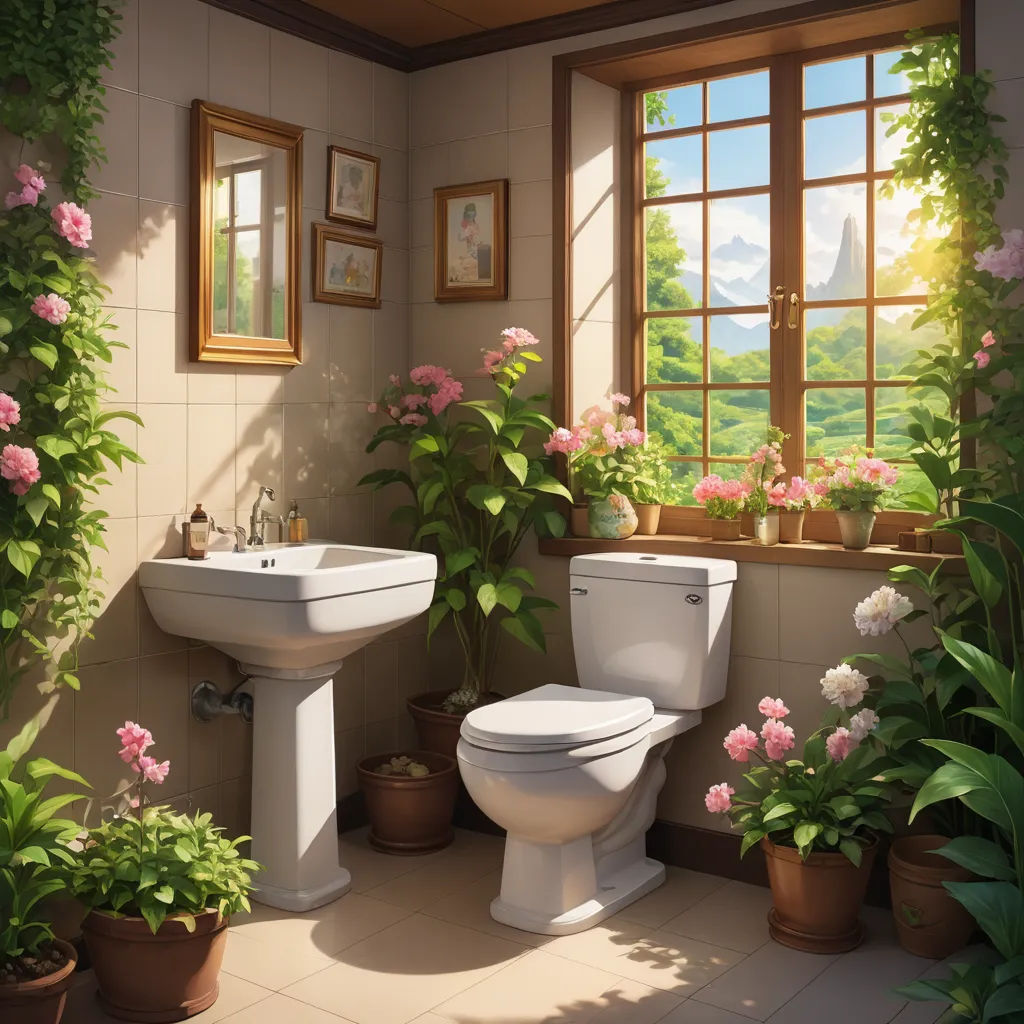 a bathroom with a toilet, sink, and a window with flowers in it and a potted plant, photorealism, a detailed matte painting, Evgeny Lushpin, kinkade