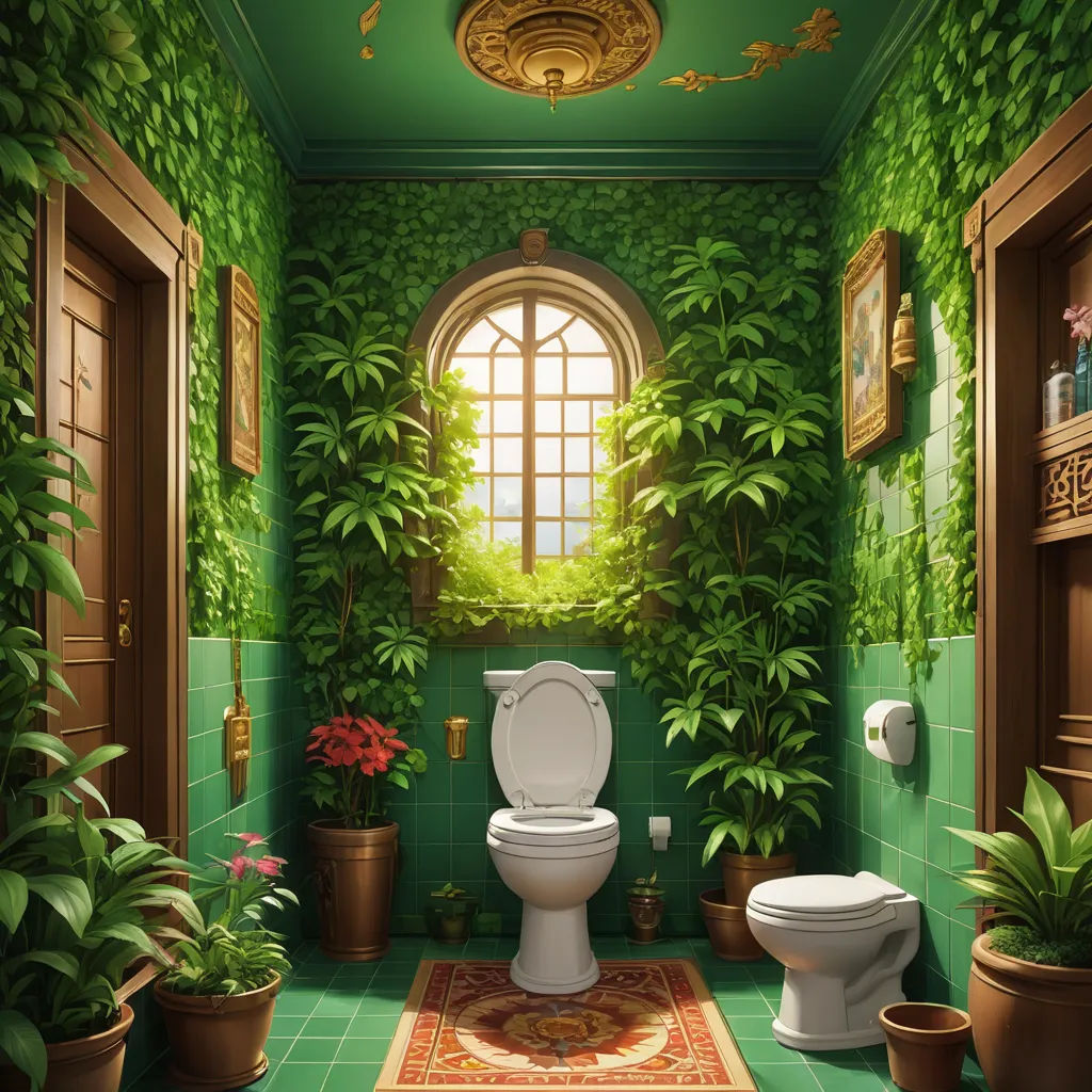 a bathroom with a toilet and a window with plants on it and a rug on the floor and a rug on the floor, classical realism, a detailed matte painting, Chris LaBrooy, kinkade