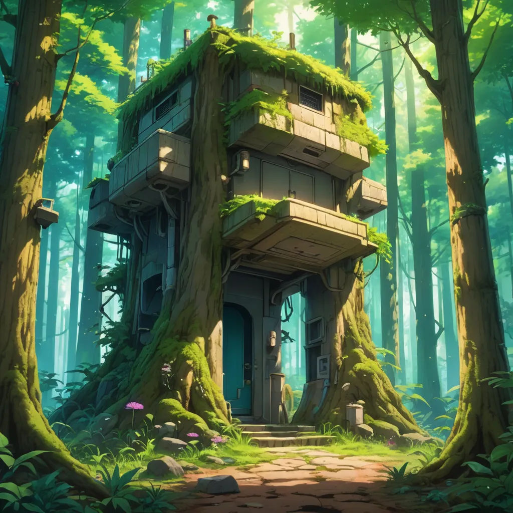 a house in the middle of a forest with moss growing on it's roof and stairs leading to it, fantasy art, a detailed matte painting, Andreas Rocha, rossdraws global illumination