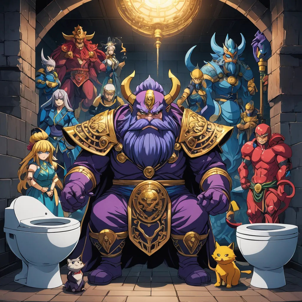 a cartoon of a man with a giant purple beard and a lot of other people around him in a bathroom, sots art, poster art, Baiōken Eishun, official art
