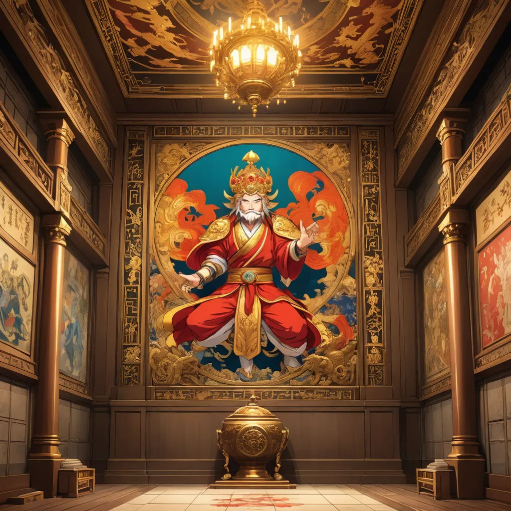a large painting of a man in a golden outfit in a room with columns and a chandelier, fantasy art, a painting, Chen Hong, rossdraws global illumination