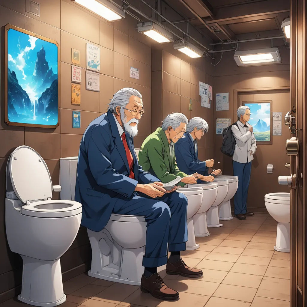a group of people sitting on a toilet in a bathroom next to a toilet paper dispenser, sots art, a storybook illustration, Christophe Vacher, official art