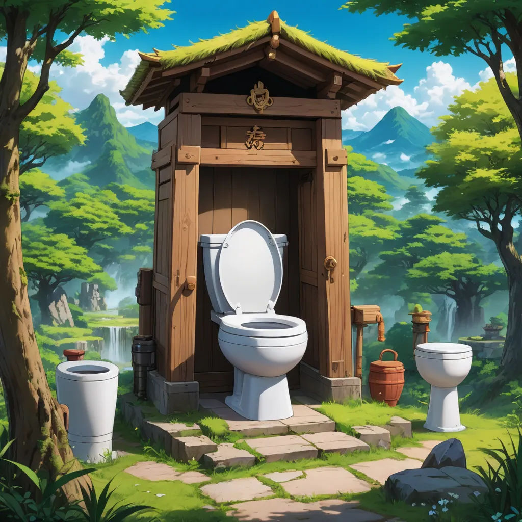 a toilet and a toilet paper in a small wooden structure in the woods with a waterfall in the background, environmental art, concept art, Christophe Vacher, splash art