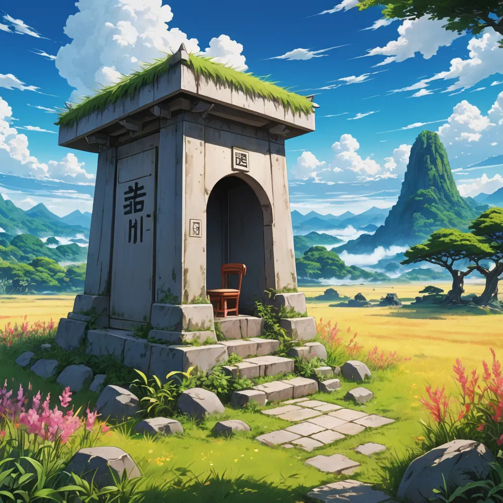 a small tower with a green roof and a chair in the grass near a field with rocks and trees, fantasy art, a detailed matte painting, Chris LaBrooy, rossdraws global illumination