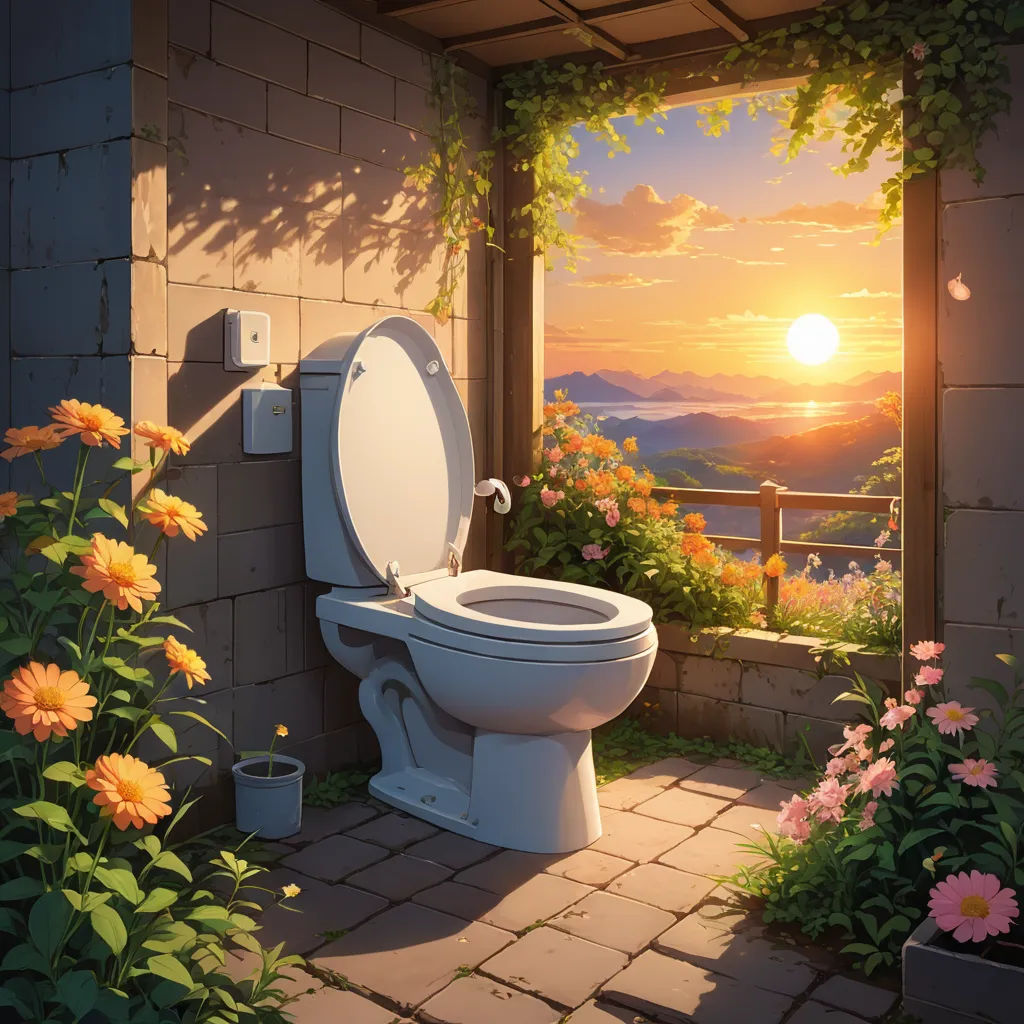 a toilet sitting in a bathroom next to a flower garden and a window with the sun setting over the mountains, aestheticism, a detailed matte painting, Evgeny Lushpin, rossdraws global illumination