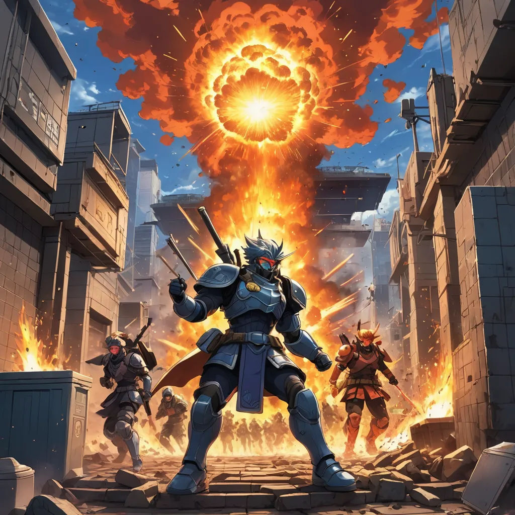 a group of people in a city with a giant explosion behind them and a robot in the middle of the picture, sots art, concept art, Dan Mumford, comic cover art