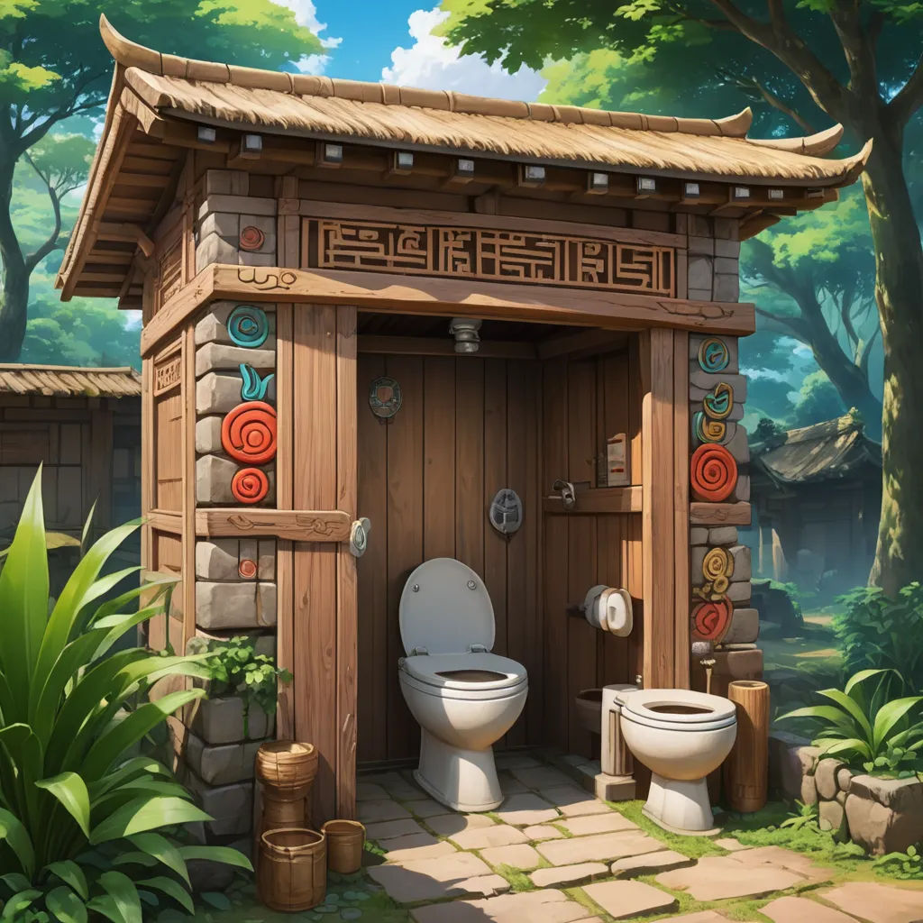 a toilet and a toilet paper in a small wooden structure in a forest setting with a toilet and a toilet paper roll, photorealism, a detailed painting, Andreas Rocha, game art