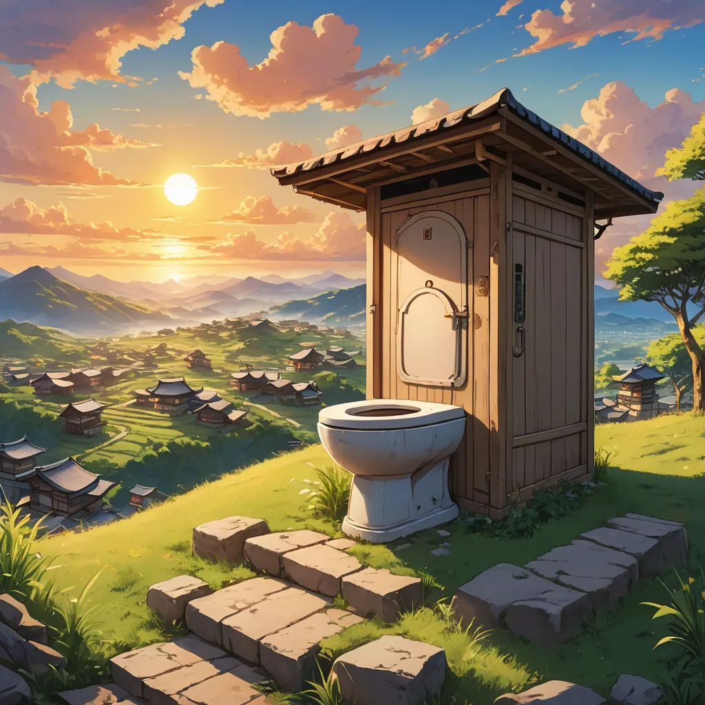 a toilet in a small wooden structure in a field with a sunset in the background and a small village in the background, context art, a detailed matte painting, Chris LaBrooy, official art