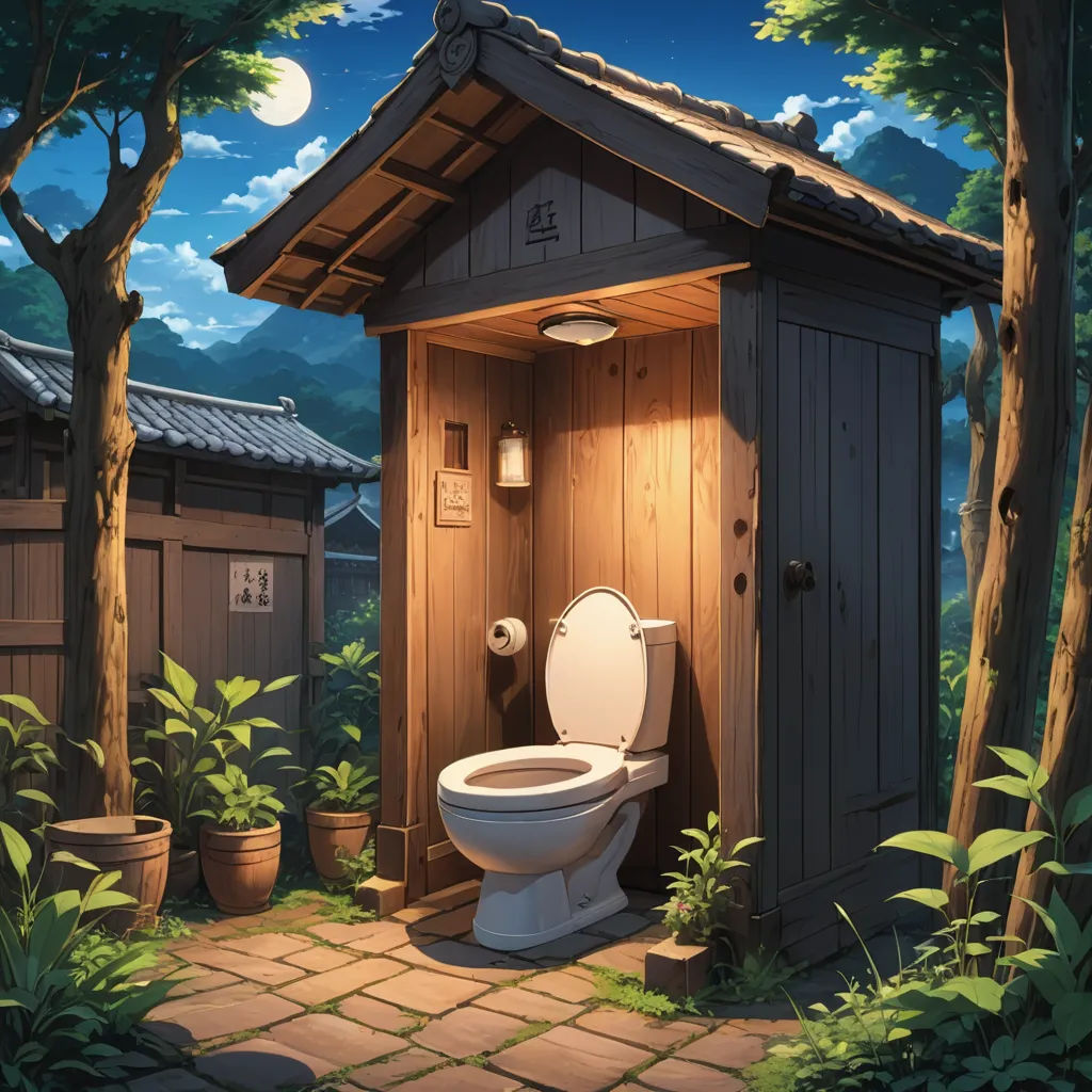 a toilet in a small wooden outhouse in the woods with a full moon in the sky above it, photorealism, a detailed matte painting, Evgeny Lushpin, ufotable