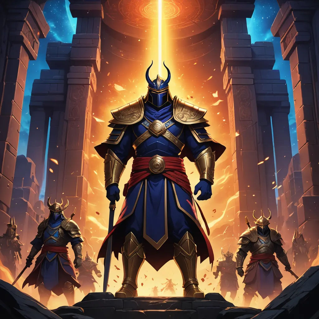 a man in armor standing in front of a fire filled cave with other men in armor around him and a sword in his hand, sots art, concept art, Art of Brom, key art