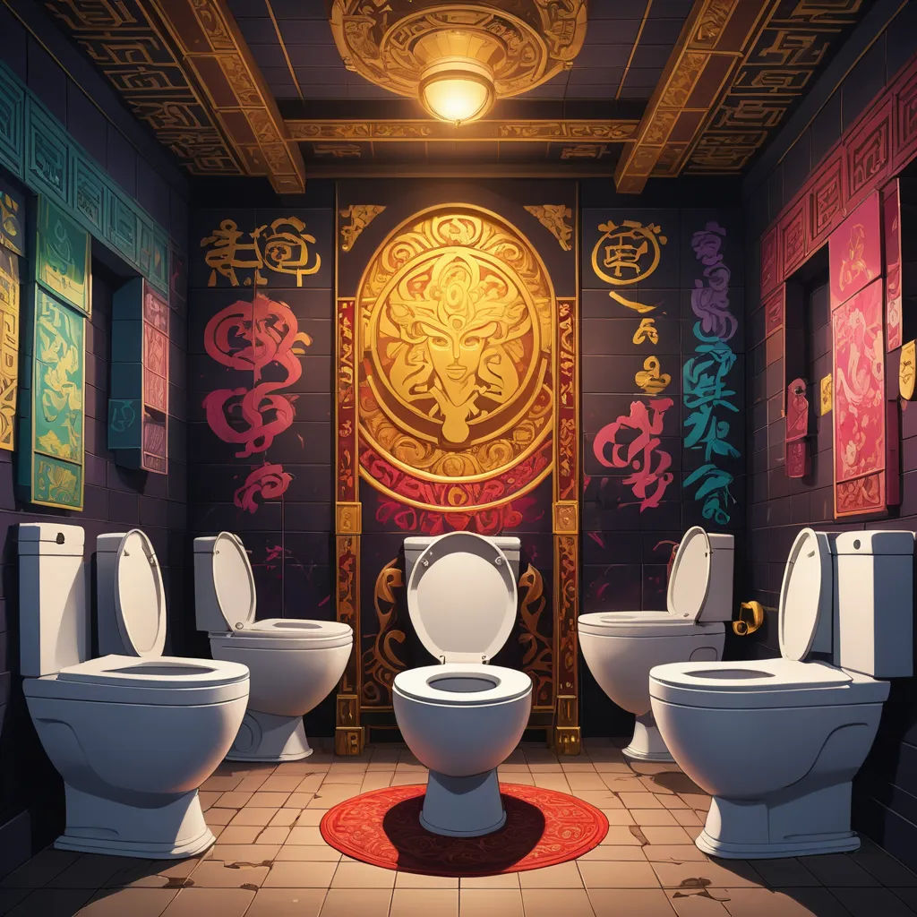 a bathroom with a lot of toilets and a rug on the floor and a painting on the wall behind it, transgressive art, a detailed matte painting, Chris LaBrooy, official art