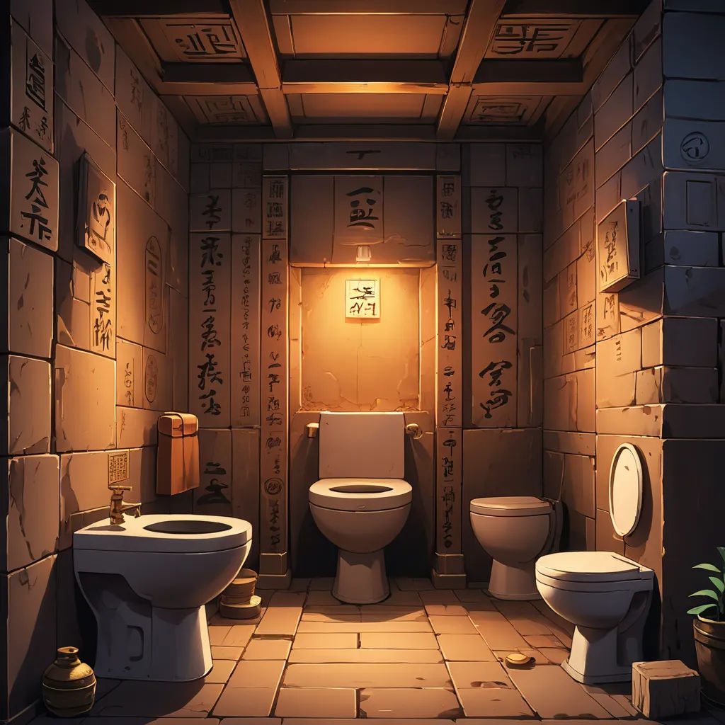 a bathroom with two toilets and a sink in it with asian writing on the walls and a toilet and bidet, symbolism, a detailed matte painting, Andreas Rocha, official art
