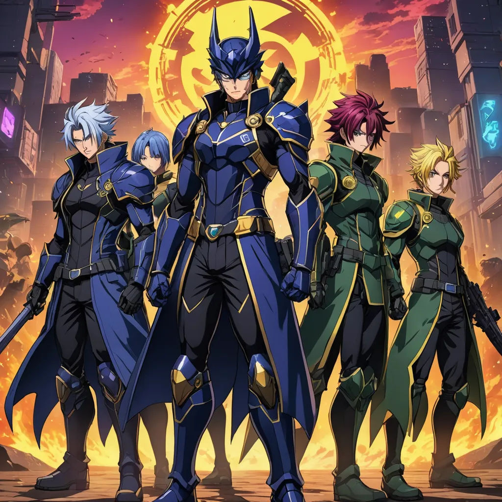 a group of anime characters standing in front of a cityscape with a sun in the background and a red and yellow background, rayonism, a poster, Eizan Kikukawa, anime key visual