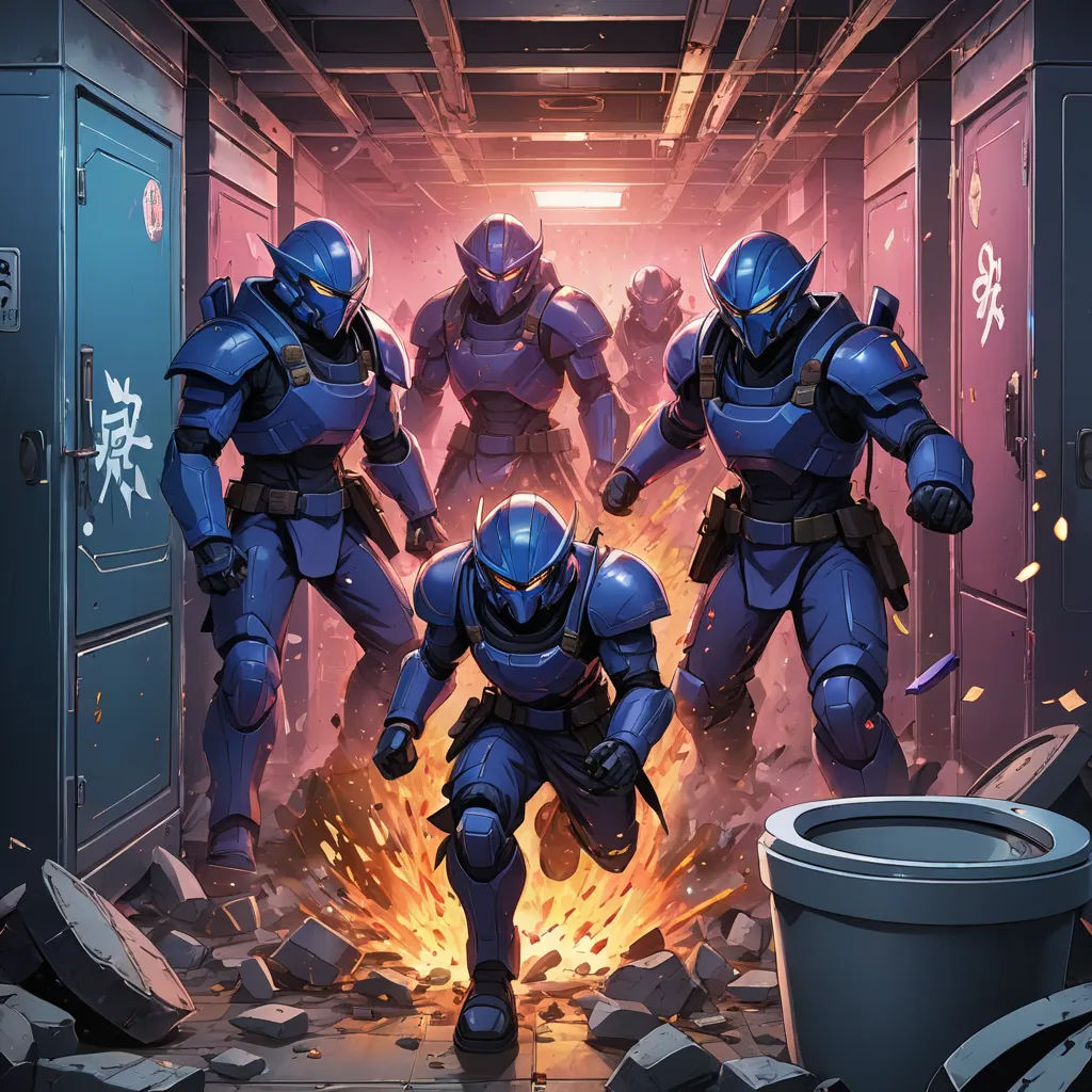 a group of people in blue suits standing in a room with a fire in the floor and a trash can, antipodeans, concept art, Dan Mumford, comic cover art