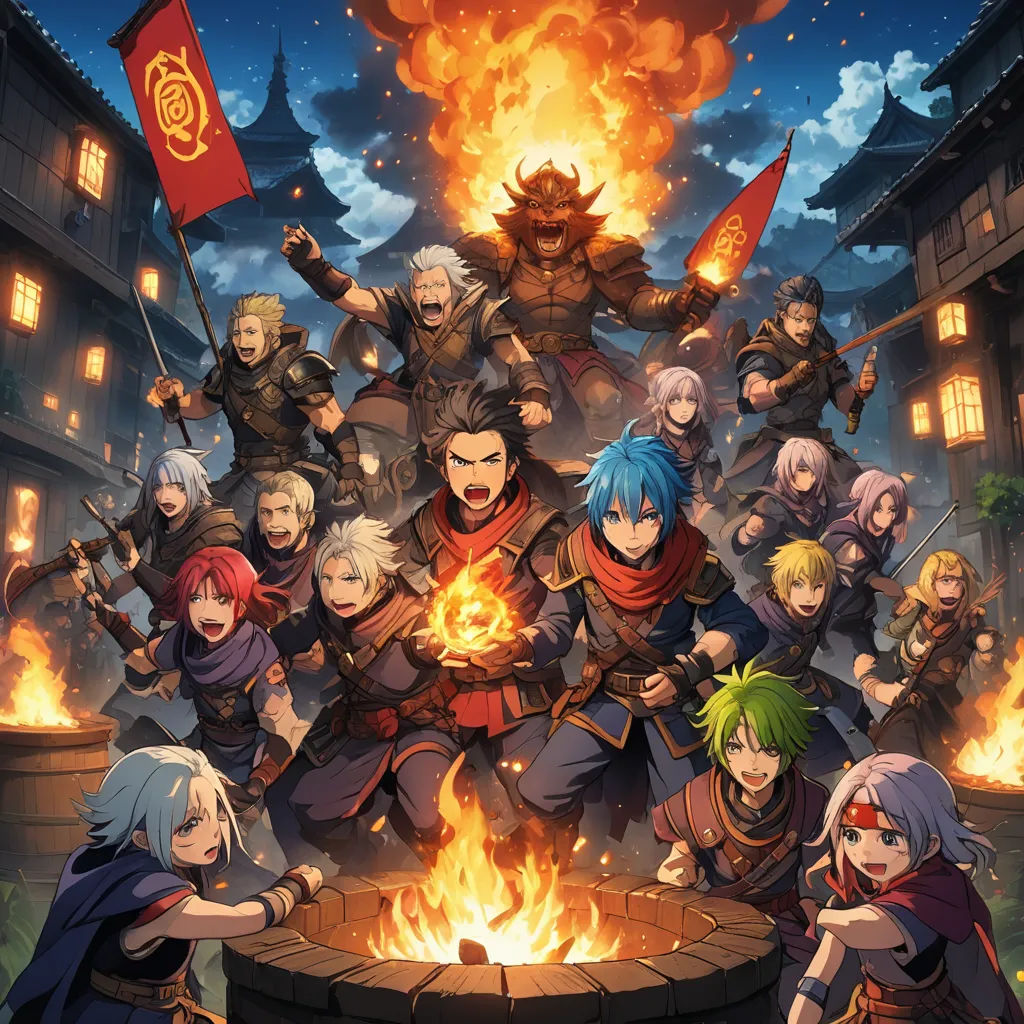 a group of people standing around a fire pit with a flag on it and a fire in the background, sots art, poster art, Baiōken Eishun, official art